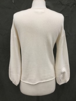 Womens, Pullover, VELVET, Cream, Wool, Cashmere, Solid, XS, Scoop Neck, Punctured Knit Stripes, Drop Sleeve, Rolled Hem, Ribbed Knit Cuff