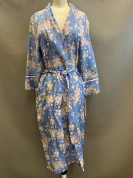 PAPINELLE, French Blue, Pink, Yellow, Beige, Silk, Cotton, Floral, L/S, Open Front, Side Pockets, With Matching Aist Belt