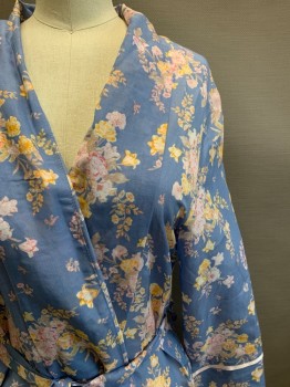Womens, SPA Robe, PAPINELLE, French Blue, Pink, Yellow, Beige, Silk, Cotton, Floral, S, L/S, Open Front, Side Pockets, With Matching Aist Belt