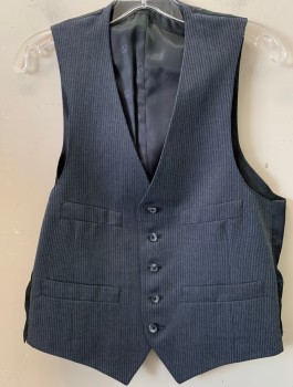 Mens, 1970s Vintage, Suit, Vest, CHRISTIAN DIOR, Blue-Gray, White, Wool, Stripes - Vertical , 38, 5 Button, 4 Pocket