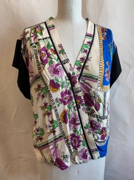 Womens, Top, TINY, Black, Blue, Cream, Multi-color, Polyester, Viscose, Floral, S, V-N, S/S, Purple, Yellow Flowers