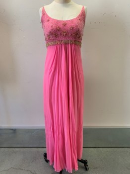 Womens, Evening Gown, Malcolm Stars, Pink, Gold, Polyester, Solid, W22, B30, Spaghetti Strap, Scoop Neck, Beaded Chest with Draped Loops, Pleated front, Back Zipper