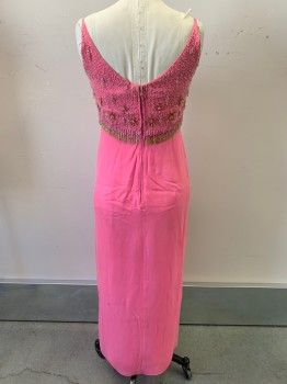 Malcolm Stars, Pink, Gold, Polyester, Solid, Spaghetti Strap, Scoop Neck, Beaded Chest with Draped Loops, Pleated front, Back Zipper