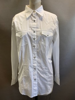 Womens, Shirt, WRANGLER, White, Cotton, Solid, M, L/S, Button Front, Collar Attached, Diamond Snap Buttons, Chest Pockets,