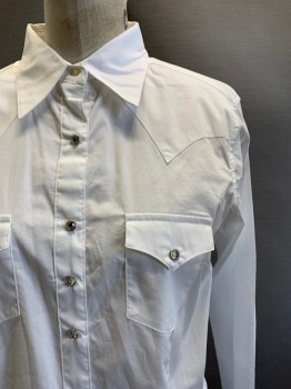 Womens, Shirt, WRANGLER, White, Cotton, Solid, M, L/S, Button Front, Collar Attached, Diamond Snap Buttons, Chest Pockets,