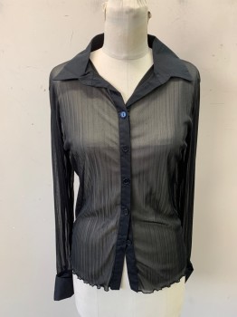 Womens, Blouse, EYE CANDY, Black, Polyester, Solid, M, Button Front, 5 Buttons, Sheer, French Cuffs, Scallopped Hem, Contrast Collar and Cuffs