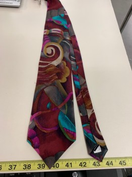 Mens, Tie, SCREENPLAY, Red Burgundy, Turquoise Blue, Magenta Pink, Ecru, Tan Brown, Silk, Abstract , O/S, Four in Hand