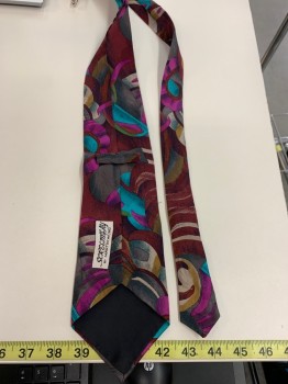Mens, Tie, SCREENPLAY, Red Burgundy, Turquoise Blue, Magenta Pink, Ecru, Tan Brown, Silk, Abstract , O/S, Four in Hand