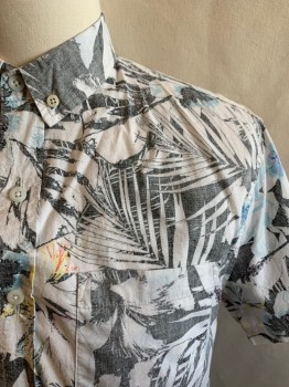 Mens, Casual Shirt, RAIL, White, Faded Black, Lt Blue, Yellow, Red, Cotton, Faded, Floral, S, Button Down Collar, Short Sleeves, Button Front, 1 Pocket, Faded Floral Pattern