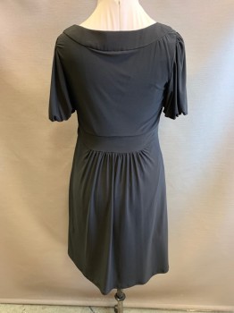 Womens, Dress, Short Sleeve, ESSENTIALS BY A.B.S, Black, Polyester, Spandex, B: 38, M, W: 32, Scoop Neck, Vertical Pleats at Center Front, Gathered at Waist, Wide Waistband, Short Sleeves, Gathered at Sleeves, Side Zip, Hem at Knee