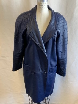 Womens, Coat, FULION, Navy Blue, Leather, Solid, XS, Stand Collar,3 Button Closure, Padded Shoulder, Raglan L/S with Geometric Seaming, 2 Front Pckts, Oversized