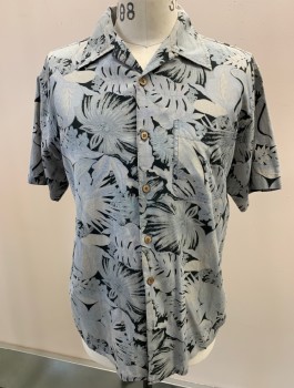 Mens, Shirt, BILL BLASS, Blue-Gray, Black, Lt Gray, Silk, Hawaiian Print, M, S/S, C.A., 1 Pckt, Coconut Buttons