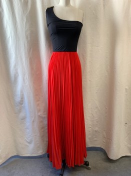 Womens, Evening Gown, ALEXIE, Black, Red, Polyester, Nylon, Color Blocking, XS, One Shoulder, Gold Chevron Metal Bar on Shoulder, Black Bodice, Red Pleated Skirt, Pullover, Floor Length