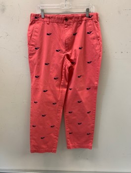 Mens, Casual Pants, BROOKS BROTHERS, Coral Pink, Navy Blue, Cotton, Animal Print, 33/29, All Over Embroidered Whales, Slant Pockets, Zip Front, F.F, 2 Back Welt Pockets