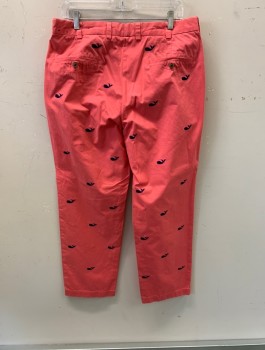 Mens, Casual Pants, BROOKS BROTHERS, Coral Pink, Navy Blue, Cotton, Animal Print, 33/29, All Over Embroidered Whales, Slant Pockets, Zip Front, F.F, 2 Back Welt Pockets