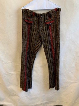 Mens, Jeans, NL, Tan Brown, Black, Red-Orange, Wool, Stripes - Vertical , 38/31, 2 Pockets, Zip Front, F.F