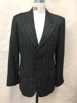 Mens, 1920s Vintage, Suit, Jacket, PAUL CHANG'S, Charcoal Gray, Gray, Wool, Herringbone, Stripes - Pin, 40R, Alternating Group Stripes Of Teal And White, Single Breasted, Peaked Lapel, 3 Buttons,  3 Pockets, Black Cotton Lining, Made To Order