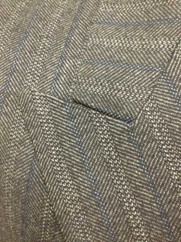 PAUL CHANG'S, Charcoal Gray, Gray, Wool, Herringbone, Stripes - Pin, Alternating Group Stripes Of Teal And White, Single Breasted, Peaked Lapel, 3 Buttons,  3 Pockets, Black Cotton Lining, Made To Order
