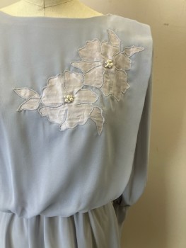 URSULA, Gray- Blue, Solid, Sheer, Boat Neck, L/S, Flower Detail With Pearl Beads, Shoulder Tucks, Shoulder Padding , Back Buttons