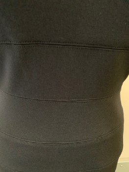 Womens, Dress, Short Sleeve, ADRIANA PAPELL, Black, Polyester, Spandex, Solid, Textured Fabric, 8, Square Neckline, 3 1/2" Horizontal Seams Creating A Stripe Effect, Hem Below Knee, CB Zipper, Back Slit