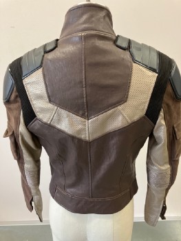 Womens, Sci-Fi/Fantasy Jacket, N/L, Brown, Black, Tan Brown, Leather, Suede, B30, Stand Collar, Zip Front, L/S, 2 Shoulder Pockets, 2 Front  Faux  Pockets , Ribbed Shoulder & Perforated