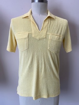 Mens, Polo Shirt, LEFT BANK, Lt Yellow, Polyester, Cotton, Solid, L, S/S, C.A., Chest Pockets, Textured Fabric