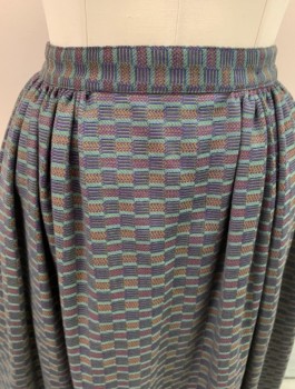 Womens, Historical Fiction Skirt, NL, Purple, Green, Orange, Red, Wool, Geometric, 26/29, Gathered Waist With 6" Flat Front, Back Button Closure