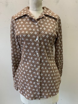 Womens, Blouse, H. Bar C, Brown, White, Acrylic, Leaves/Vines , B34, L/S, C.A., Button Front, Clover Patern