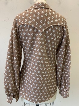 Womens, Blouse, H. Bar C, Brown, White, Acrylic, Leaves/Vines , B34, L/S, C.A., Button Front, Clover Patern