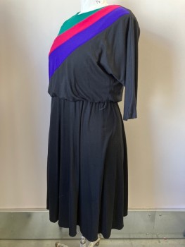 N/L, Black, Green, Magenta Pink, Purple, Acrylic, Stripes - Diagonal , Round Neck With Back Button, L/S, Elastic Waist Band, Should Pads