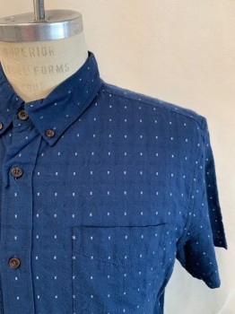 Mens, Casual Shirt, SURFSIDE SUPPLY, Navy Blue, White, Cotton, Dots, M, Square Dots, Self Grid Texture, Button Front, Collar Attached, 1 Pocket, Button Down Collar, *Shoulder Burn*