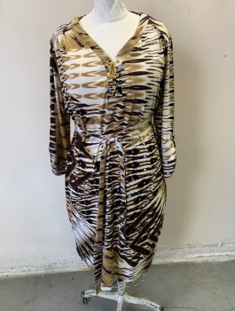 Womens, Dress, Long & 3/4 Sleeve, EMMA & MICHELE, Beige, Espresso Brown, White, Polyester, Spandex, Abstract , 3X, Stretchy Material, Long Sleeves, V-neck with Gold Grommets and Chain Lace Up Panel, Shift Dress, Hem Below Knee, Belt Loops, **With Matching Fabric BELT to Cinch Waist