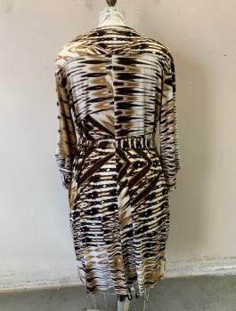 Womens, Dress, Long & 3/4 Sleeve, EMMA & MICHELE, Beige, Espresso Brown, White, Polyester, Spandex, Abstract , 3X, Stretchy Material, Long Sleeves, V-neck with Gold Grommets and Chain Lace Up Panel, Shift Dress, Hem Below Knee, Belt Loops, **With Matching Fabric BELT to Cinch Waist