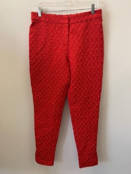 MTO, Red, Synthetic, Solid, Textured Fabric, Elastic Waistband, Zip Fly, Tapered Leg