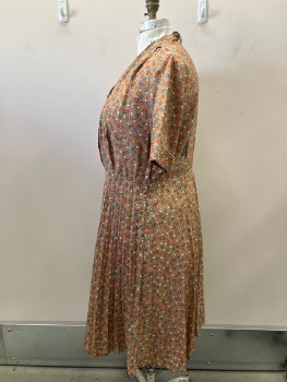 EVOS, Light Brown with Orange/Blue/White Paisley, Pull On, B.F., Queen Anne Neck, S/S Cuffed, Pleated Skirt, Side Zip, Belt Loops,