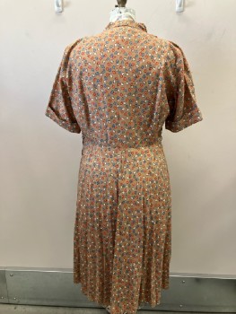 EVOS, Light Brown with Orange/Blue/White Paisley, Pull On, B.F., Queen Anne Neck, S/S Cuffed, Pleated Skirt, Side Zip, Belt Loops,