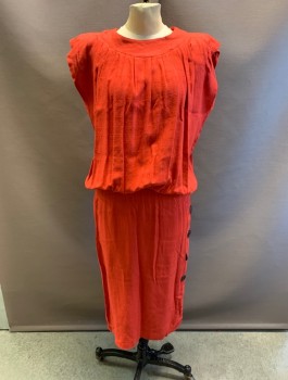 IRENE KASMER, Red, Rayon, Round Neck,  Pleated, Gathered at Waist, Cap Sleeves, Padded Shoulders, Large Black Buttons Left Side of Skirt, Keyhole Back, Hem Below Knee