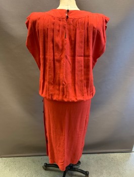 IRENE KASMER, Red, Rayon, Round Neck,  Pleated, Gathered at Waist, Cap Sleeves, Padded Shoulders, Large Black Buttons Left Side of Skirt, Keyhole Back, Hem Below Knee