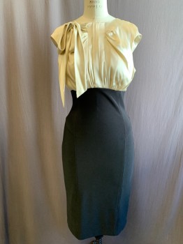 ABS, Champagne, Black, Silk, Polyester, Color Blocking, Champagne Silk Top, Vertical and Diagonal Pleat Front, Sleeveless, Gathered at Waistband, Loop Right Shoulder with Self Tie Looped Through, Zip Back, Solid Black Knit Pencil Skirt, Hem Below Knee