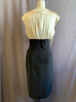 ABS, Champagne, Black, Silk, Polyester, Color Blocking, Champagne Silk Top, Vertical and Diagonal Pleat Front, Sleeveless, Gathered at Waistband, Loop Right Shoulder with Self Tie Looped Through, Zip Back, Solid Black Knit Pencil Skirt, Hem Below Knee