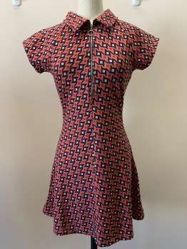 URBAN OUTFITTERS, Coral Orange, Black, White, Moss Green, Polyester, Viscose, Geometric, S/S, Zip Front, Collar Attached,