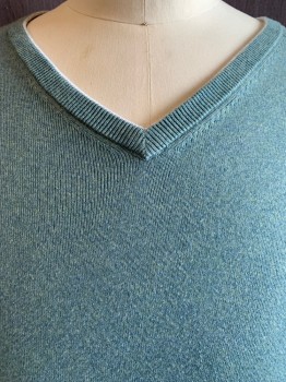 Mens, Pullover Sweater, CALVIN KLEIN, Sage Green, Teal Blue, Cotton, Modal, 2 Color Weave, L, V-N, L/S, Ribbed Neckline, Waist, & Cuffs, White Trim on Neckline