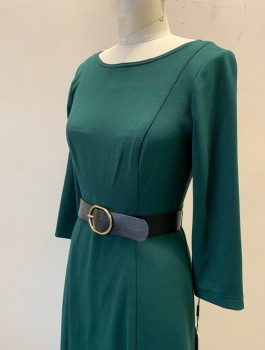 Womens, Dress, Long & 3/4 Sleeve, CALVIN KLEIN, Forest Green, Polyester, Spandex, Solid, Sz.2, Stretch Crepe, 3/4 Sleeves, Scoop Neck, A-Line Skirt, Knee Length, **Comes with Black Pleather Belt with Gold Oval Buckle