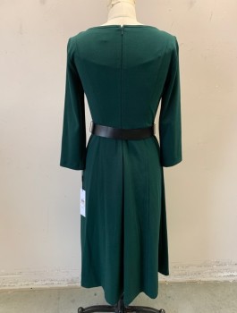 Womens, Dress, Long & 3/4 Sleeve, CALVIN KLEIN, Forest Green, Polyester, Spandex, Solid, Sz.2, Stretch Crepe, 3/4 Sleeves, Scoop Neck, A-Line Skirt, Knee Length, **Comes with Black Pleather Belt with Gold Oval Buckle