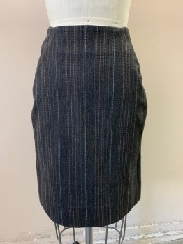 Womens, Suit, Skirt, A. PRIME CUSTOM, Dk Gray, Beige, White, Polyester, Wool, Stripes - Pin, Stripes - Vertical , W: 28, Pencil Skirt, Slit Sides, Zip Back