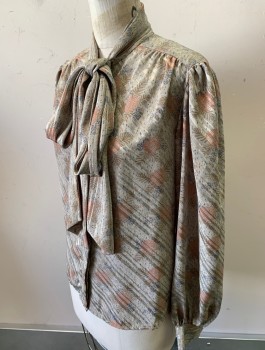 ALEXANDRIA, Gray, Taupe, Red, Navy Blue, Polyester, Floral, Stripes - Diagonal , Long Puffy Sleeves Gathered At Shoulders, Button Front, Stand Collar With Self Tie Bow