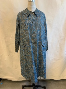 Womens, Coat, MTO, Slate Blue, Dusty Brown, Lt Gray, Cotton, Abstract , B46, C.A., Button Front, Bttn. at Collar, Button Front, 2 Pockets with Bttn.