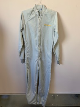 Mens, Jumpsuit, WORKLON, Lt Gray, Gray, Yellow, Polyester, Stripes - Pin, W32, C34, H36, L/S, Collar Band, Zip Front, Chest Patch Strip