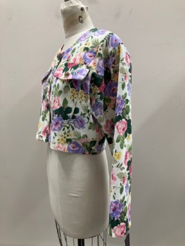 Womens, Jacket, SHARNEL, Off White, Green, Lilac Purple, Pink, Yellow, Cotton, Floral, S, Round Neck, L/S, B.F., 2 Chest Pocket, Cropped