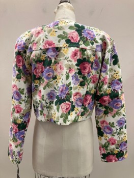 Womens, Jacket, SHARNEL, Off White, Green, Lilac Purple, Pink, Yellow, Cotton, Floral, S, Round Neck, L/S, B.F., 2 Chest Pocket, Cropped